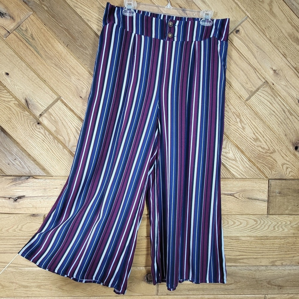 Hollister Wide Leg Cropped Pants Womens Large Striped High Rise Blue Burgundy
